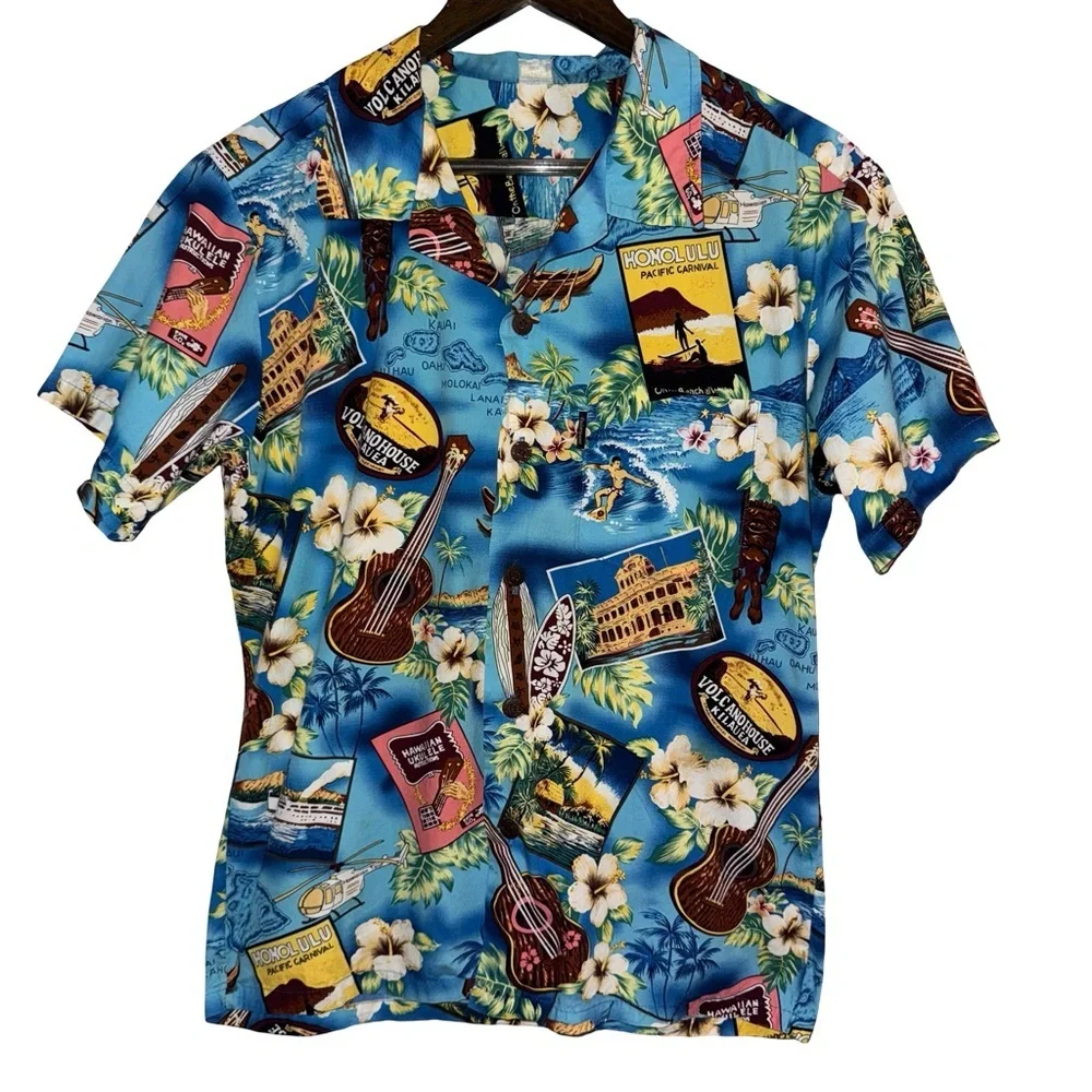 Vintage Hawaiian Aloha Shirt 100% Cotton Tropical Surf Ukulele‎ Honolulu Print L